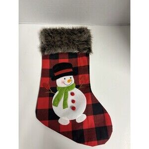 Snowman Faux Fur Trimmed Red Black Buffalo Plaid Christmas Cabin Stocking